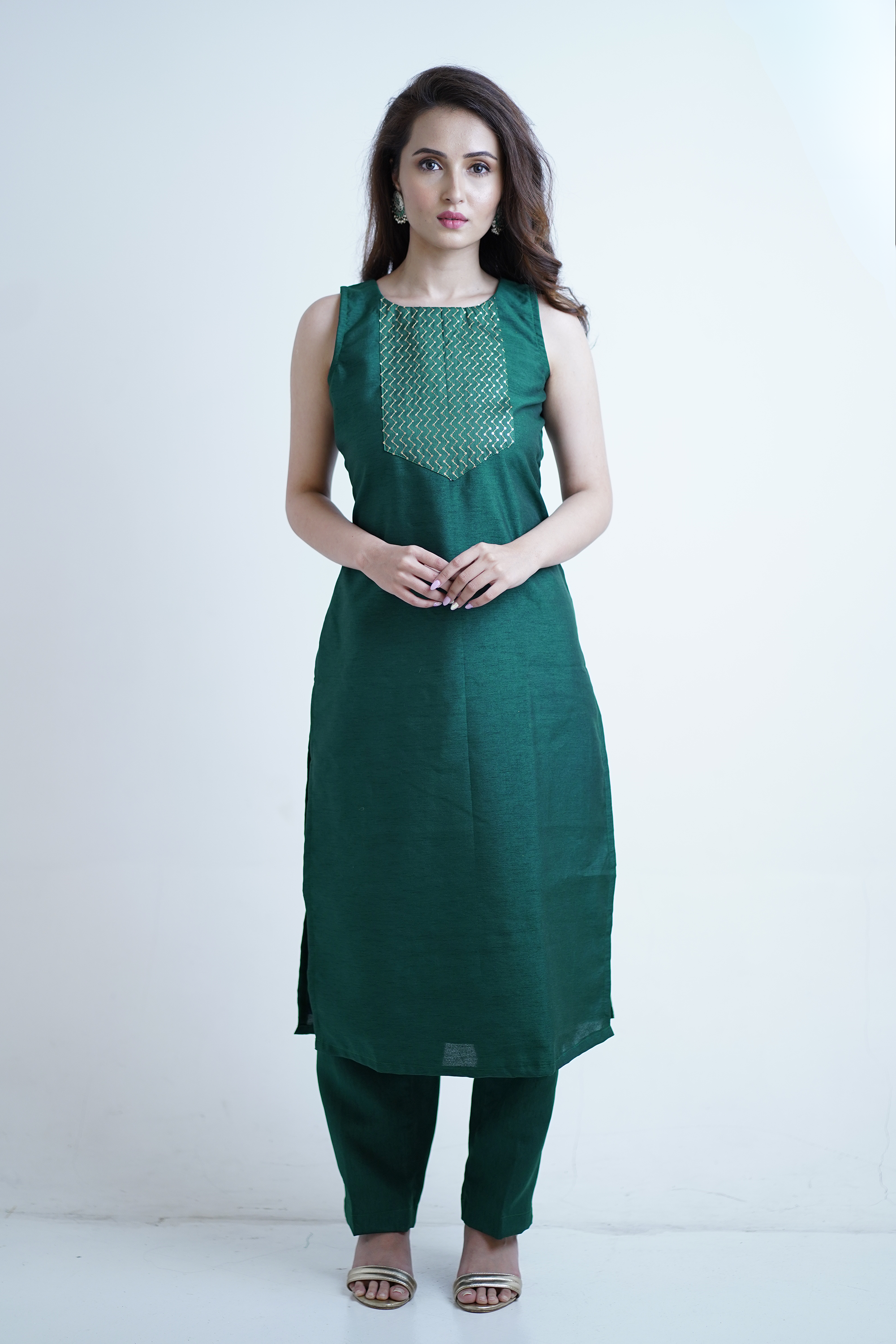 Bottle green kurta with pants